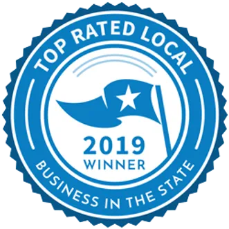Blue "Top Rated Local" award badge with flag and star; 2019 winner.